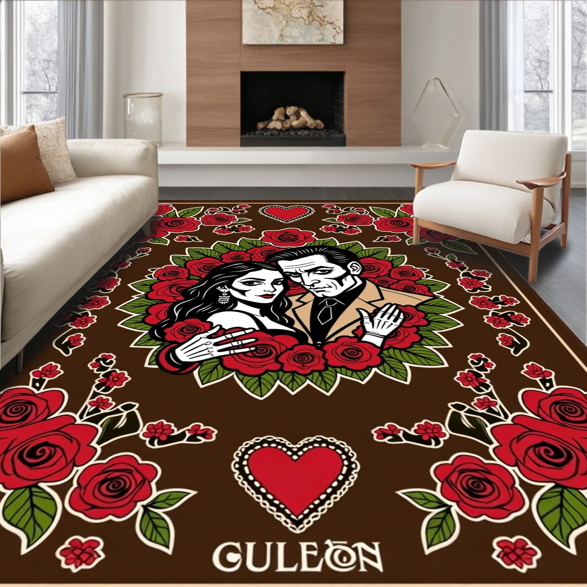 Dark Red Rose Couple Romantic Portrait Rug