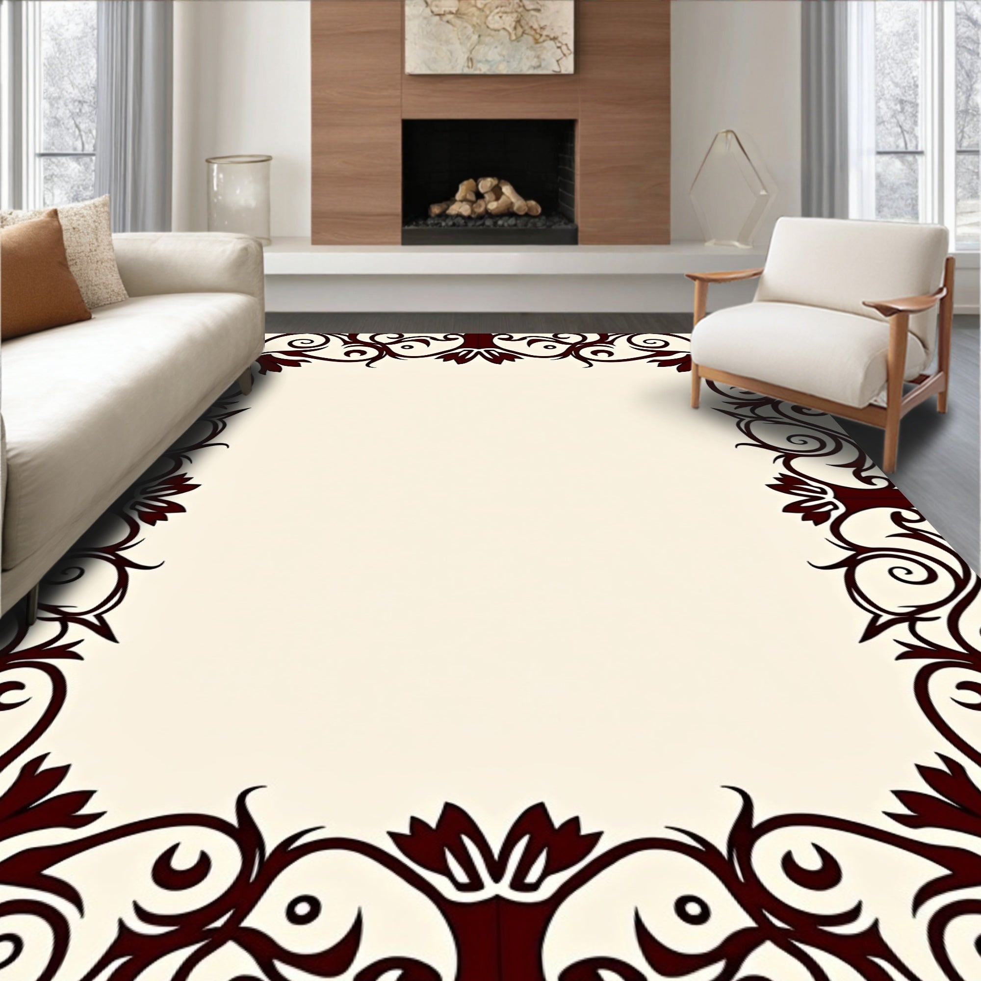 Rich Burgundy Swirling Vine Border Rug