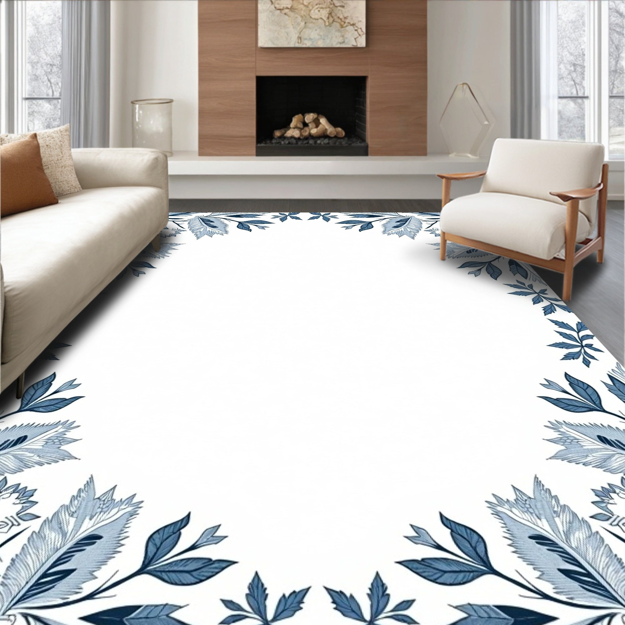 Vintage Blue Floral Leaf Border Rug