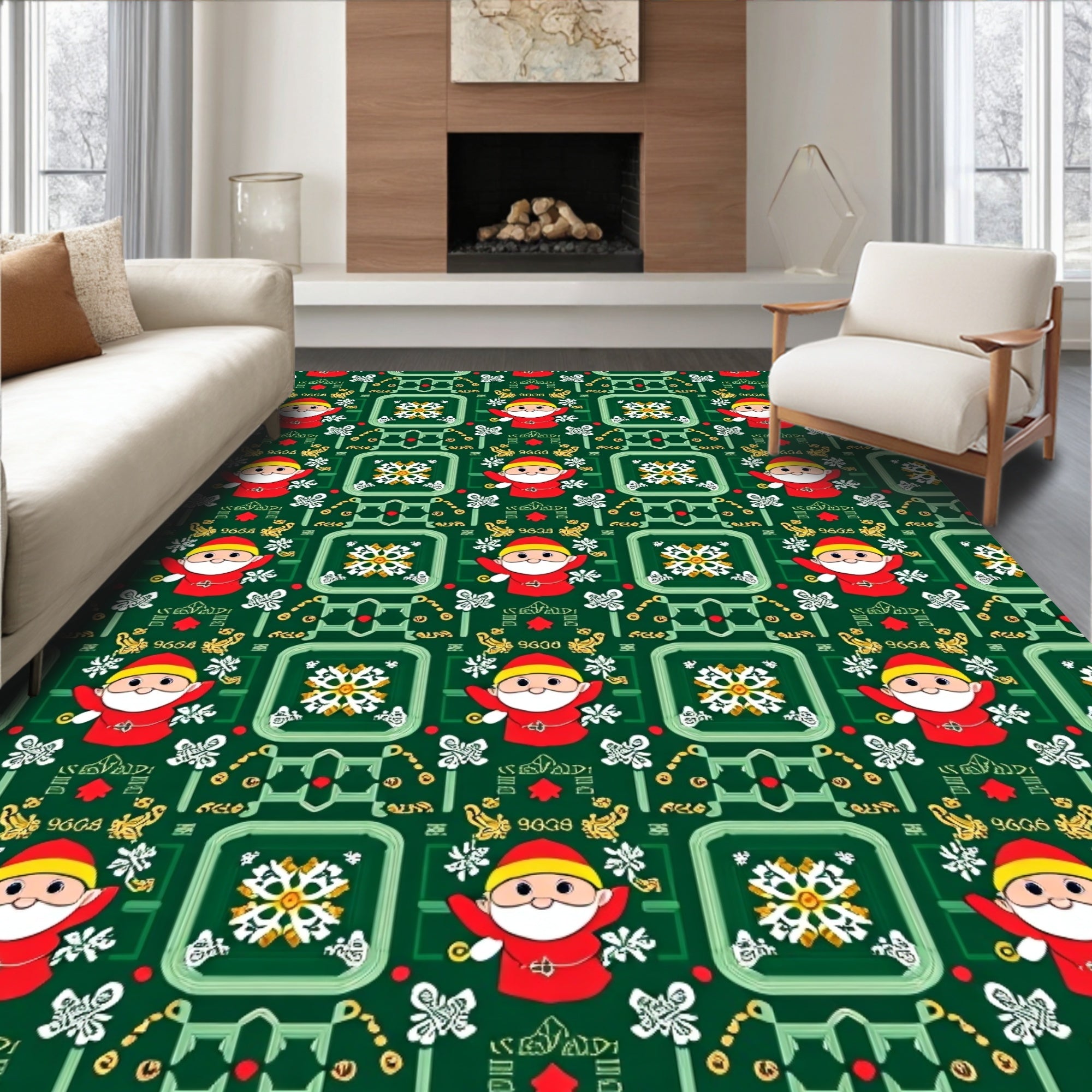Festive Red Santa Green Ornament Rug
