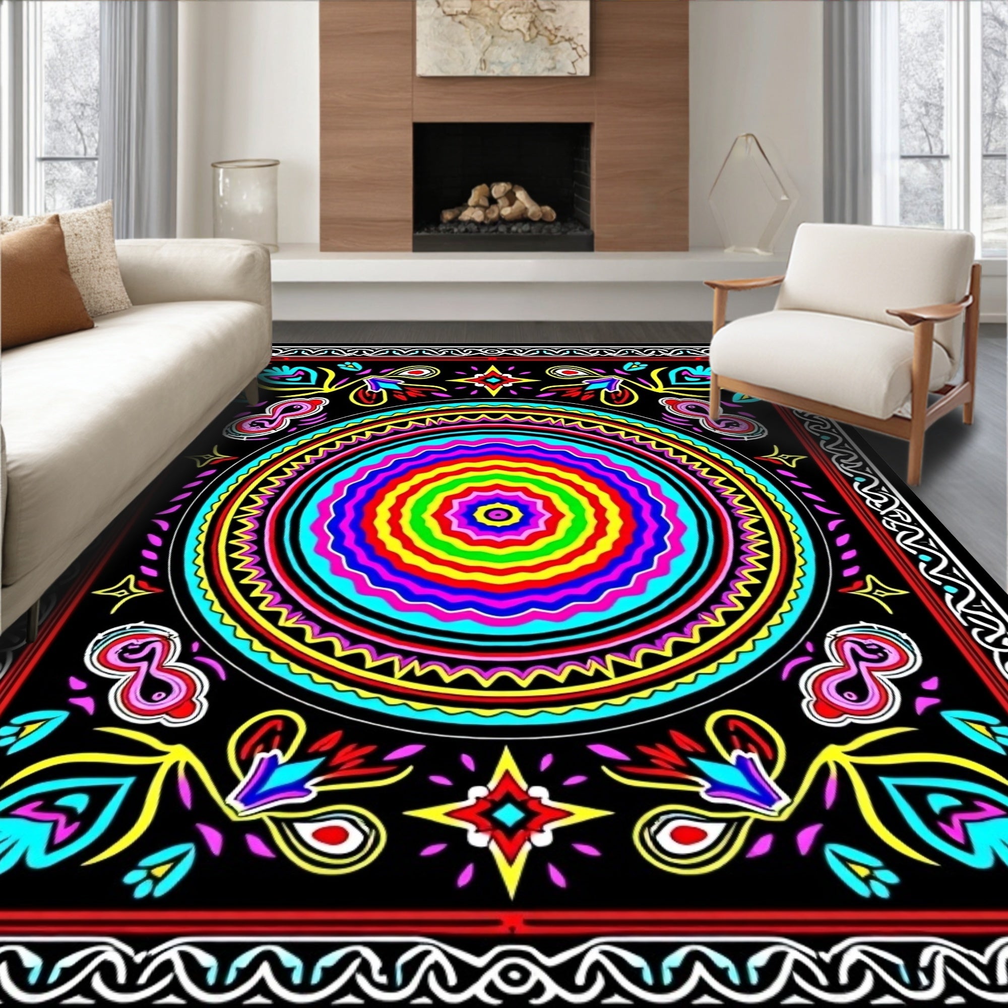 Vibrant Rainbow Medallion Floral Border Rug