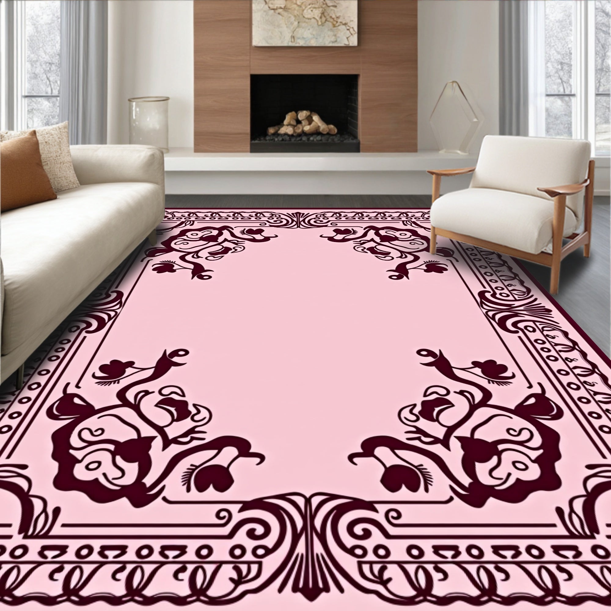Crimson Floral Corner Border Rug