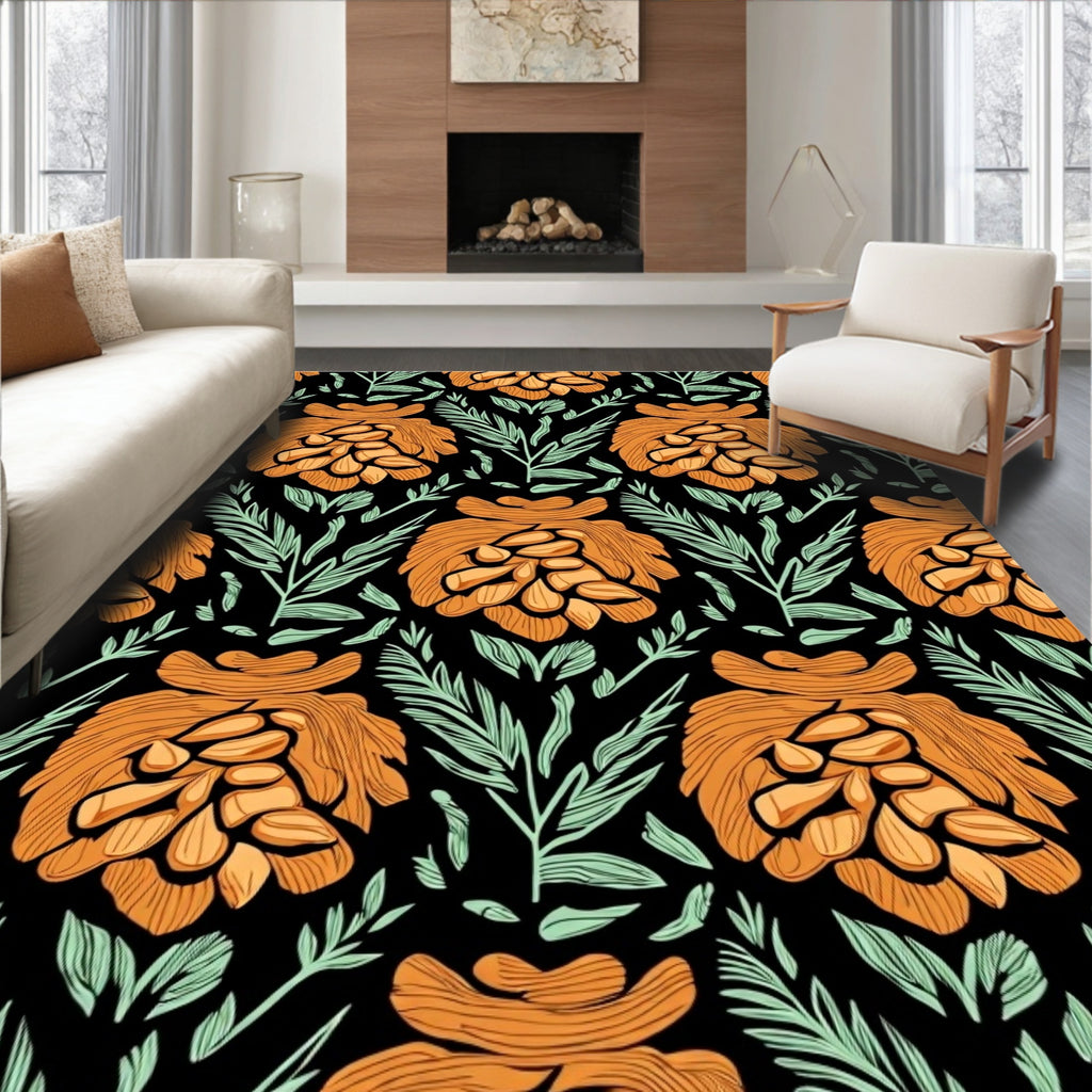 Bold Golden Orange Floral Fern Rug
