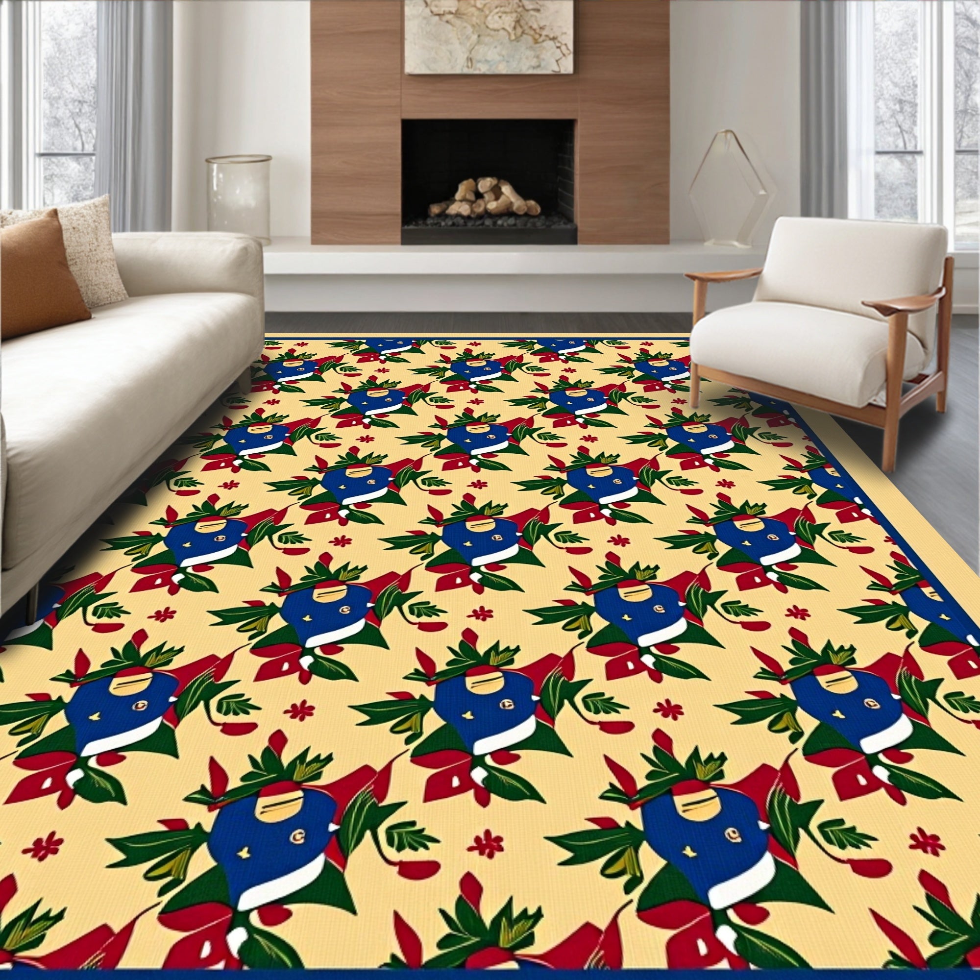 Crimson Blue Floral Medallion Field Rug