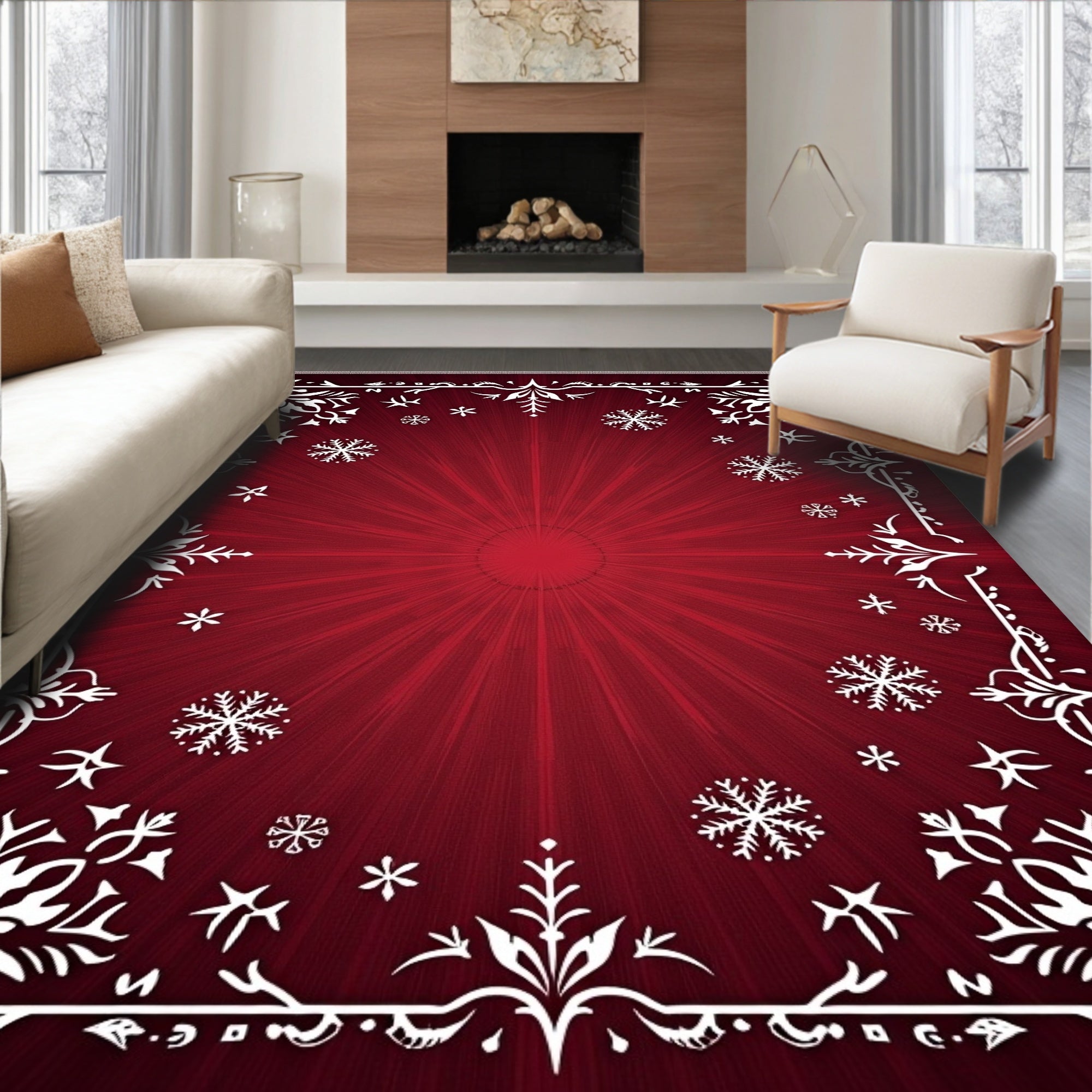 Deep Red Burst Snowflake Frame Rug