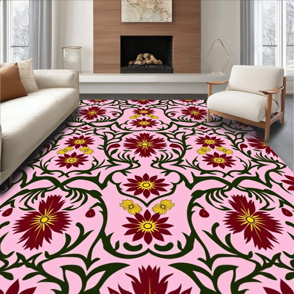 Crimson Yellow Flower Swirl Rug