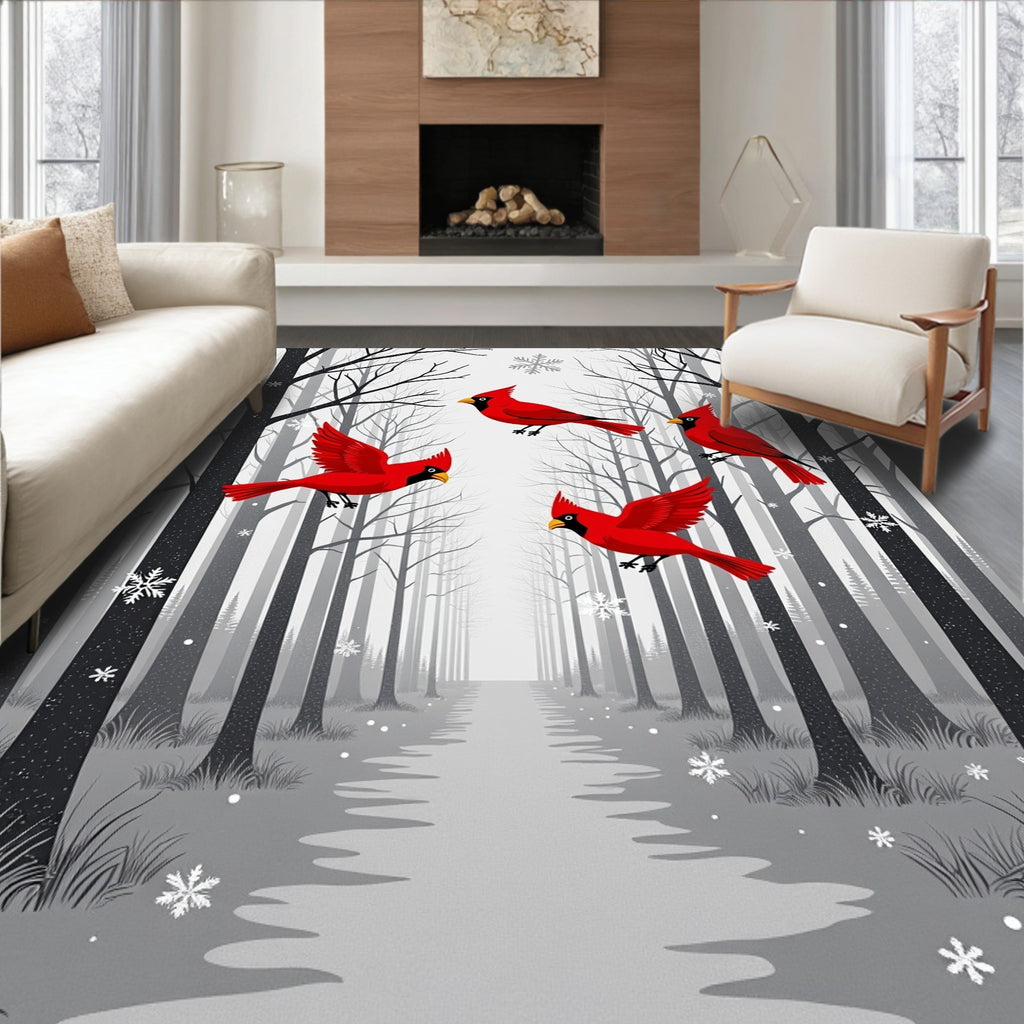 Red Cardinals Winter Forest Pathway Rug