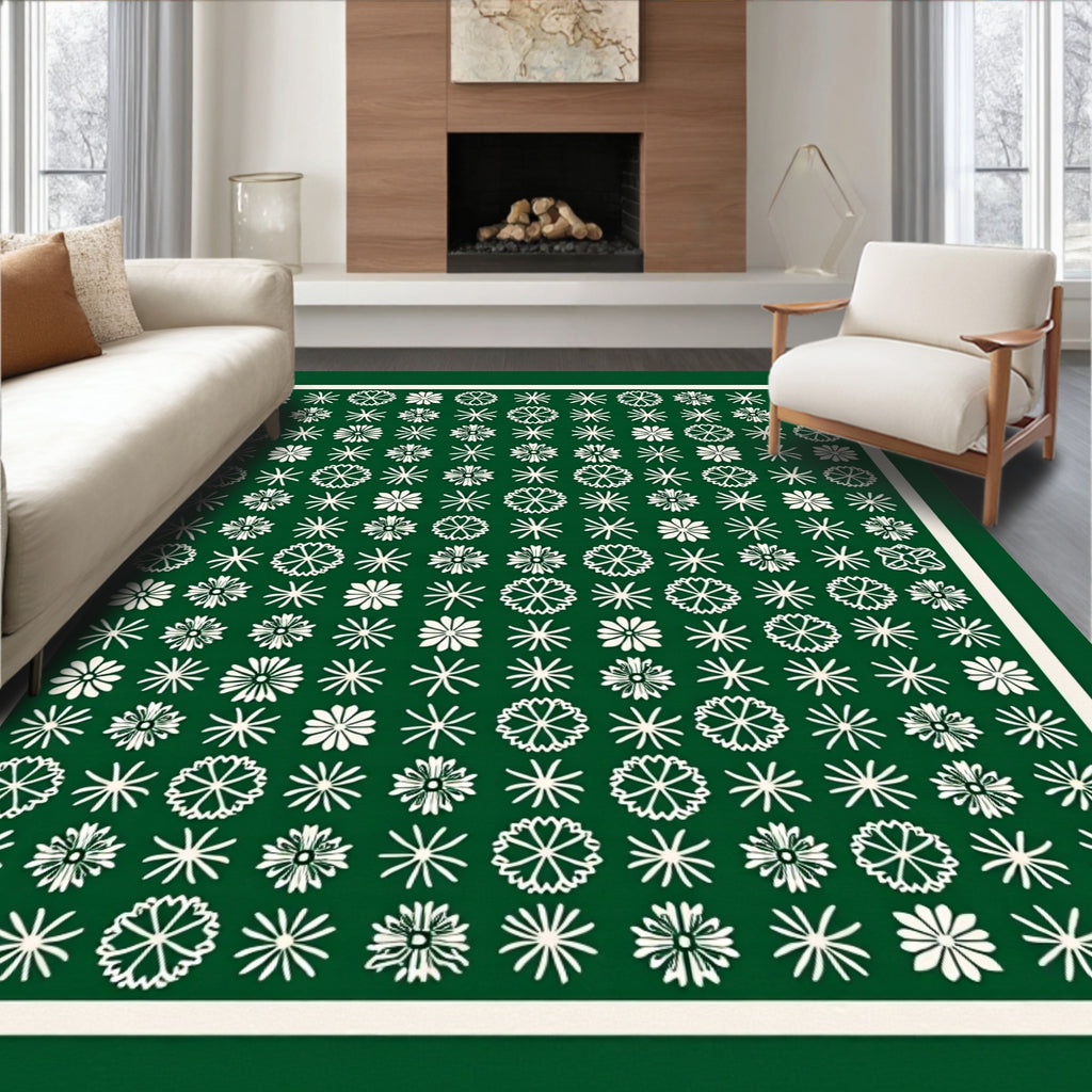Forest Green White Floral Collage Rug