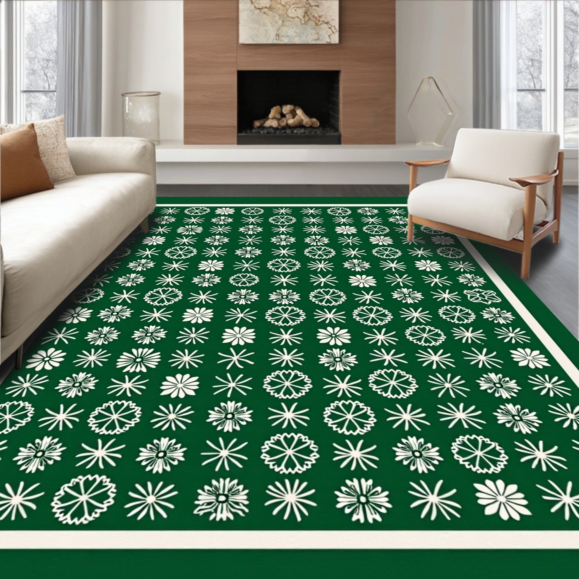 Forest Green White Floral Collage Rug