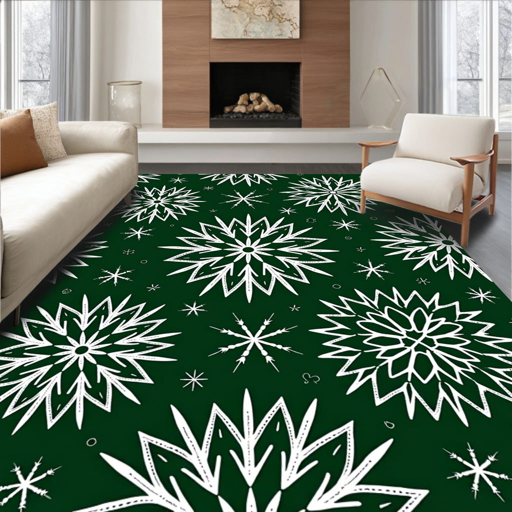 Green White Snowflake Winter Holiday Rug