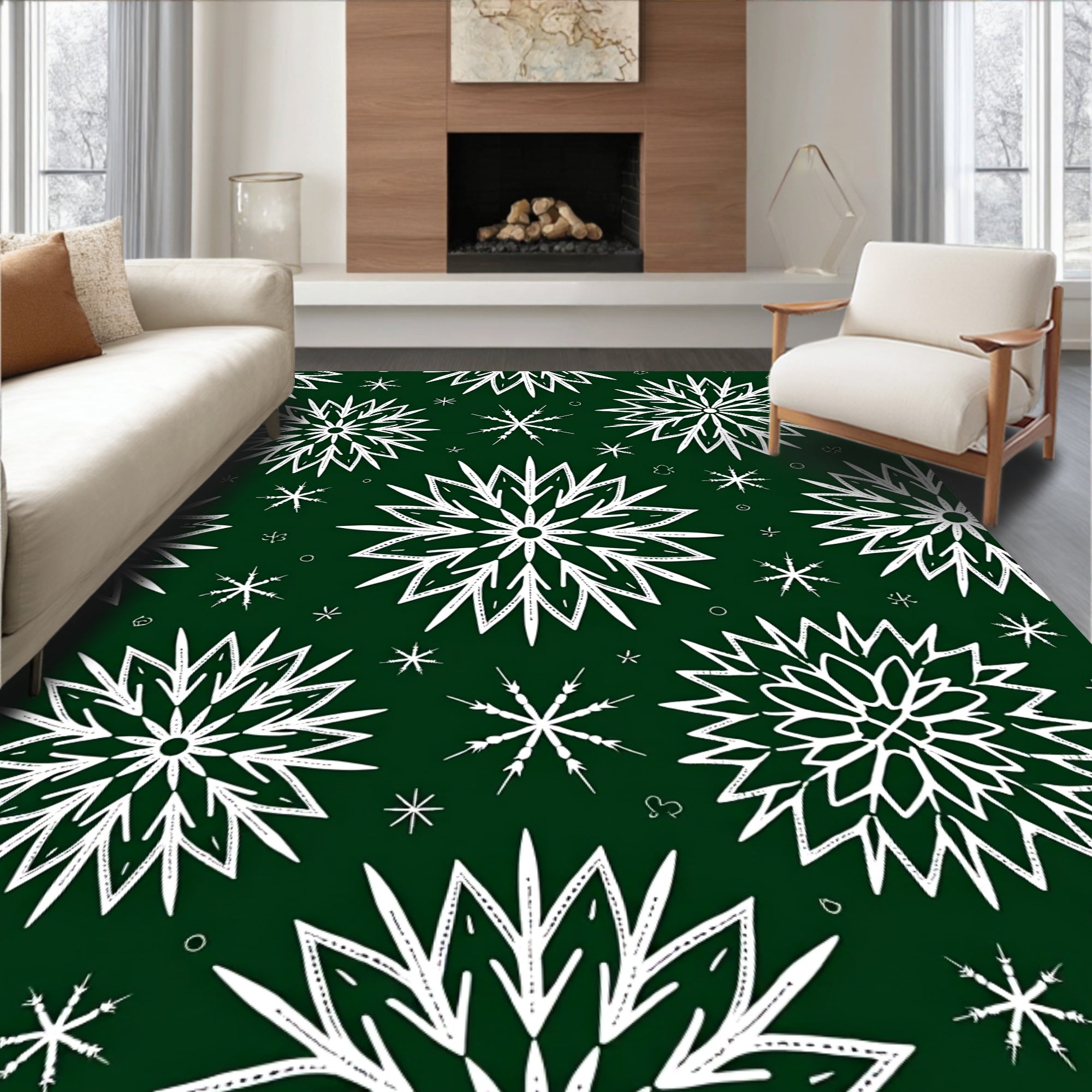 Green White Snowflake Winter Holiday Rug