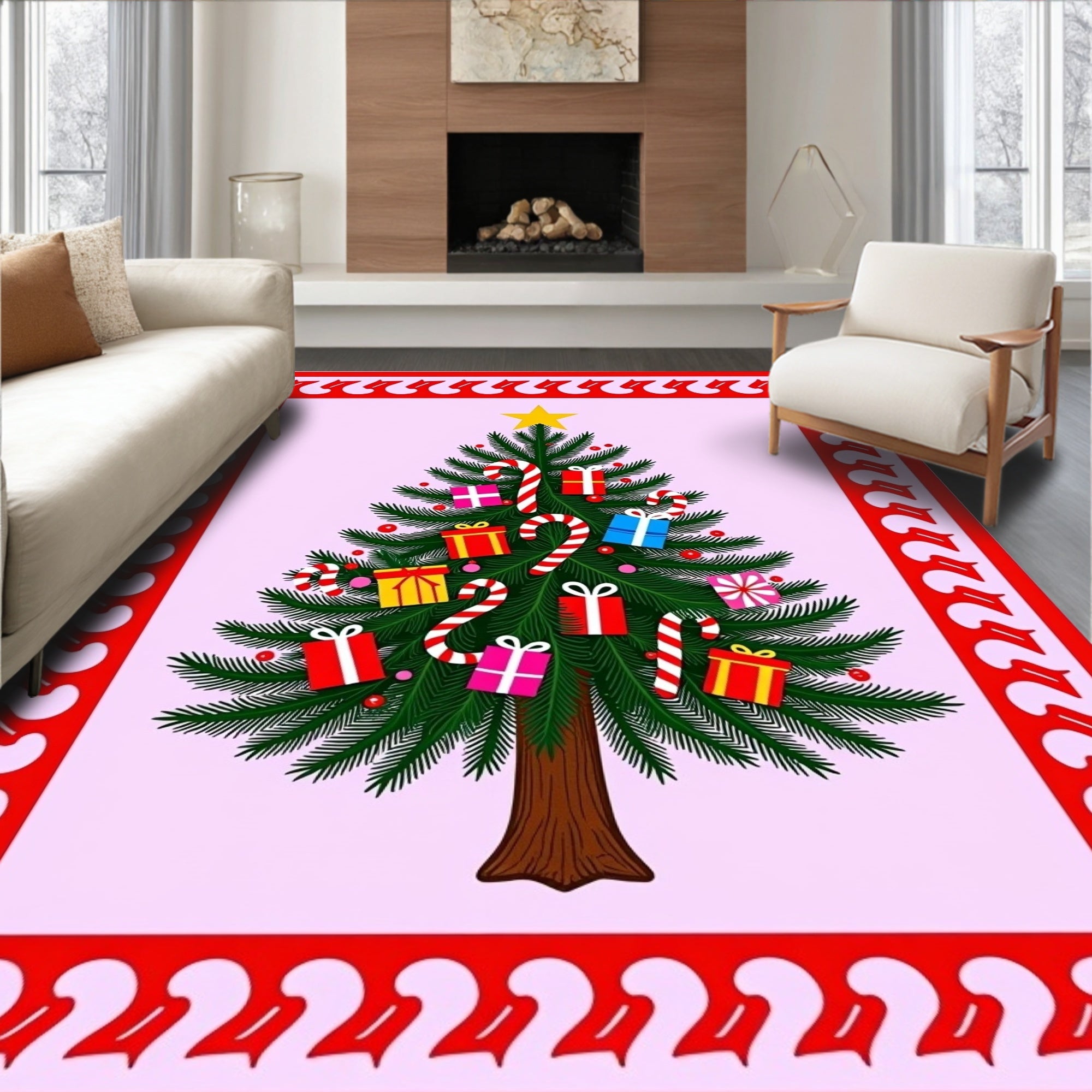 Festive Christmas Tree Gifts Candy Canes Rug