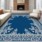 Navy White Intricate Floral Border Rug