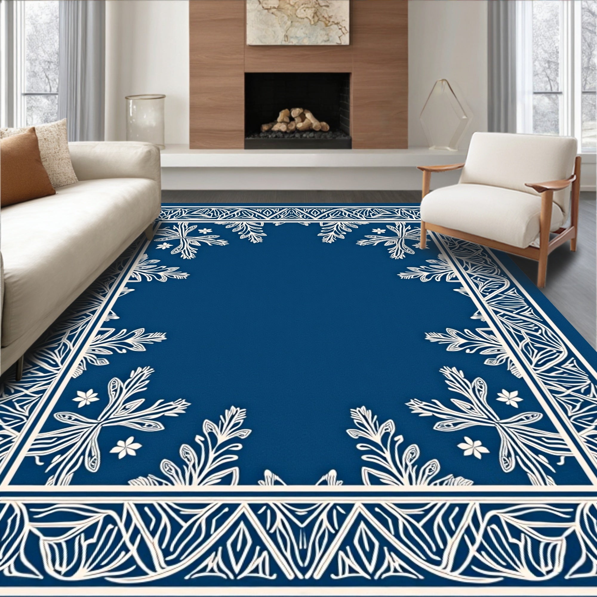 Navy White Intricate Floral Border Rug