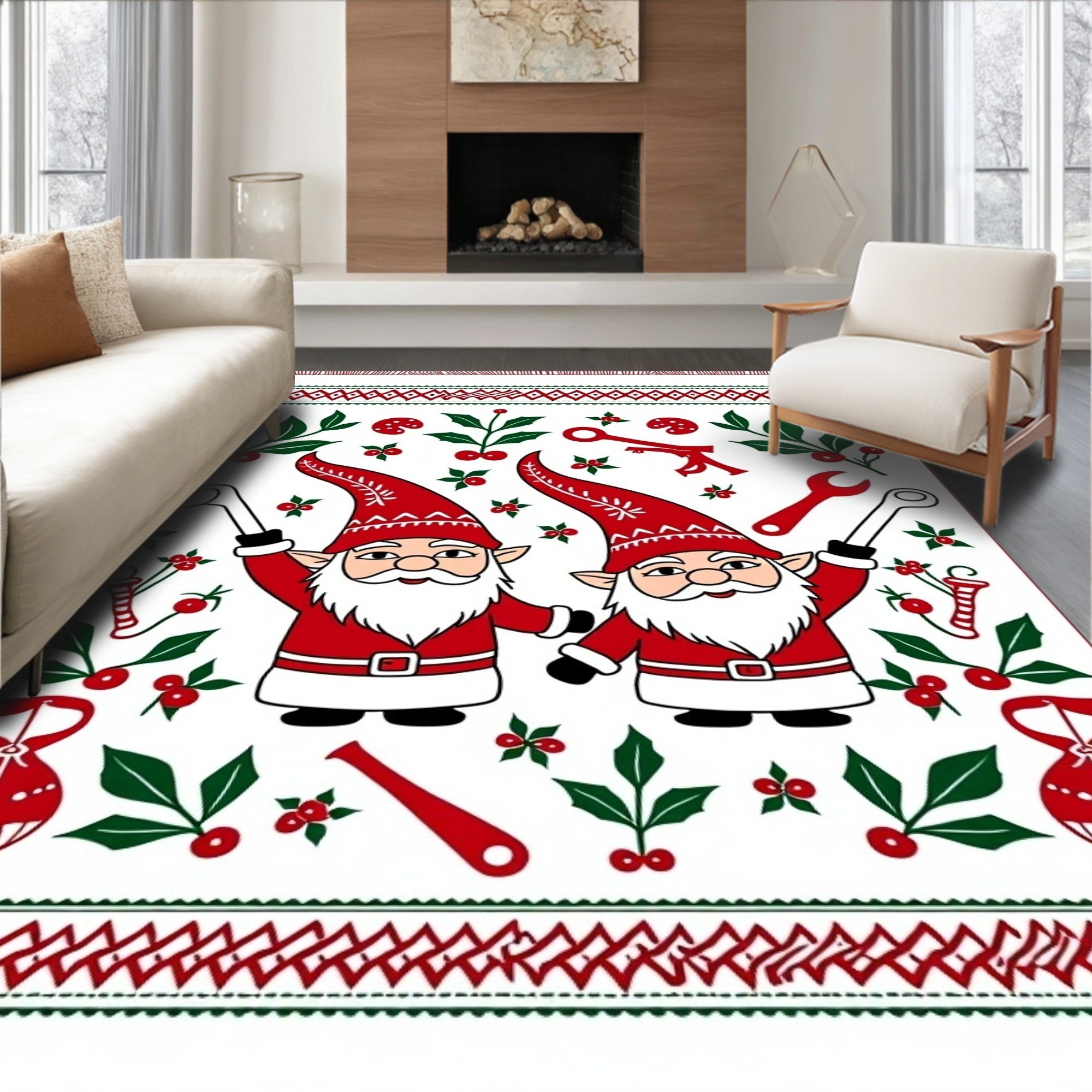 Christmas Gnomes Holly Wrench Border Rug