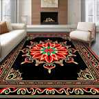 Crimson Red Floral Black Medallion Border Rug