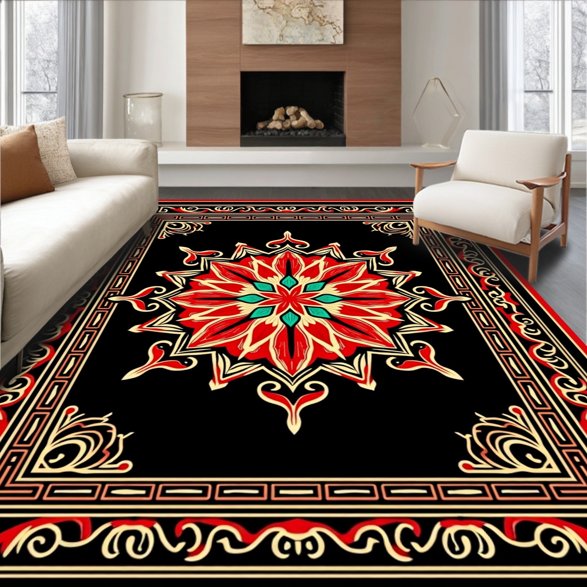 Crimson Red Floral Black Medallion Border Rug