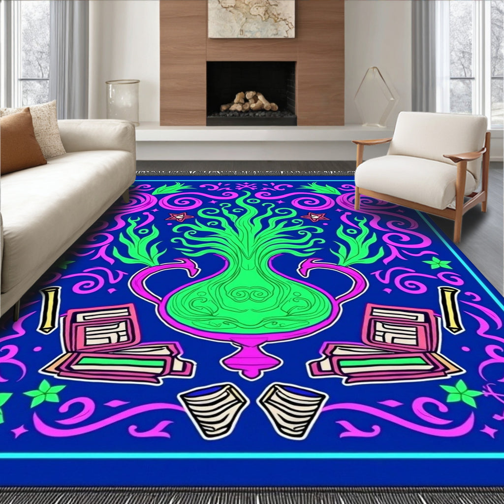 Vibrant Blue Pink Green Floral Vase Rug