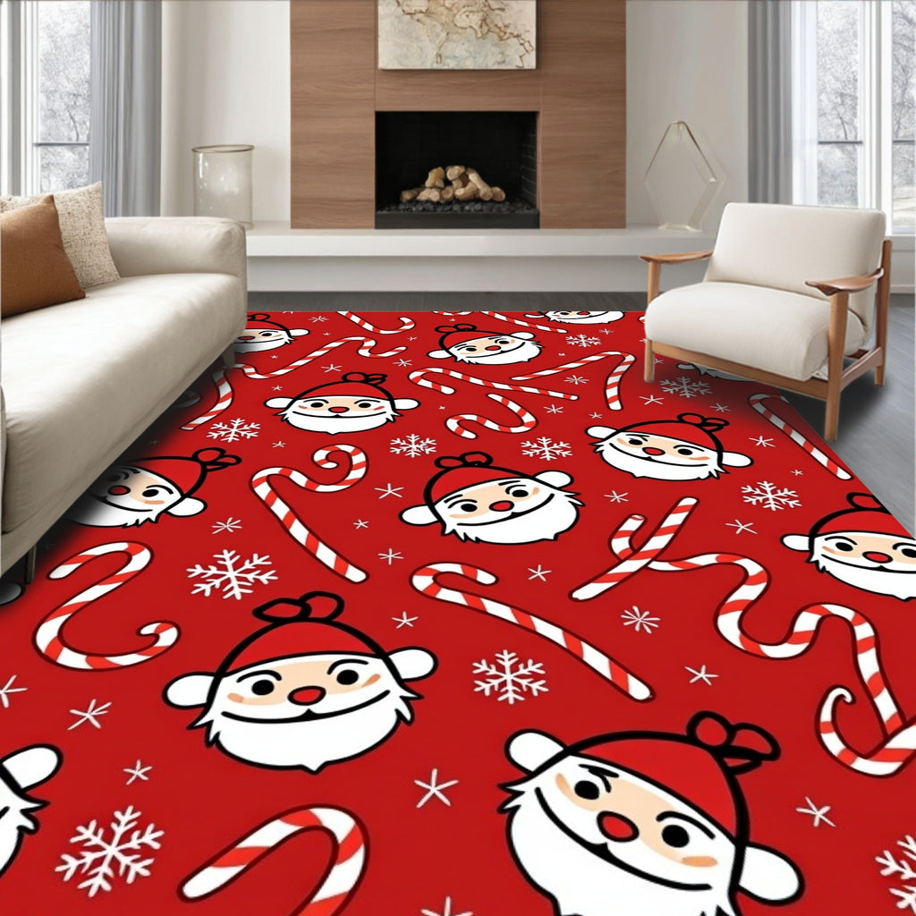 Whimsical Santa Candy Cane Snowflakes Rug