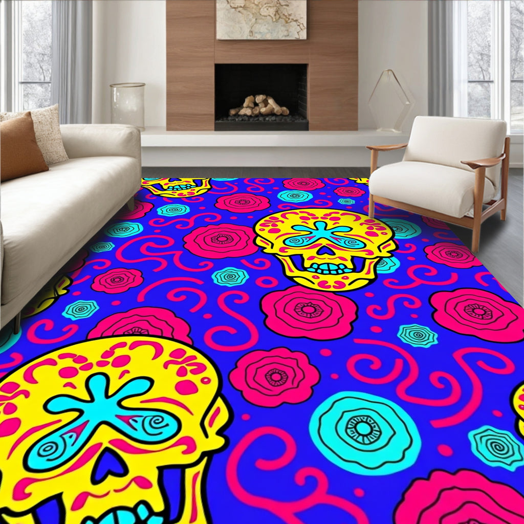 Vibrant Yellow Floral Skull Mandala Rug