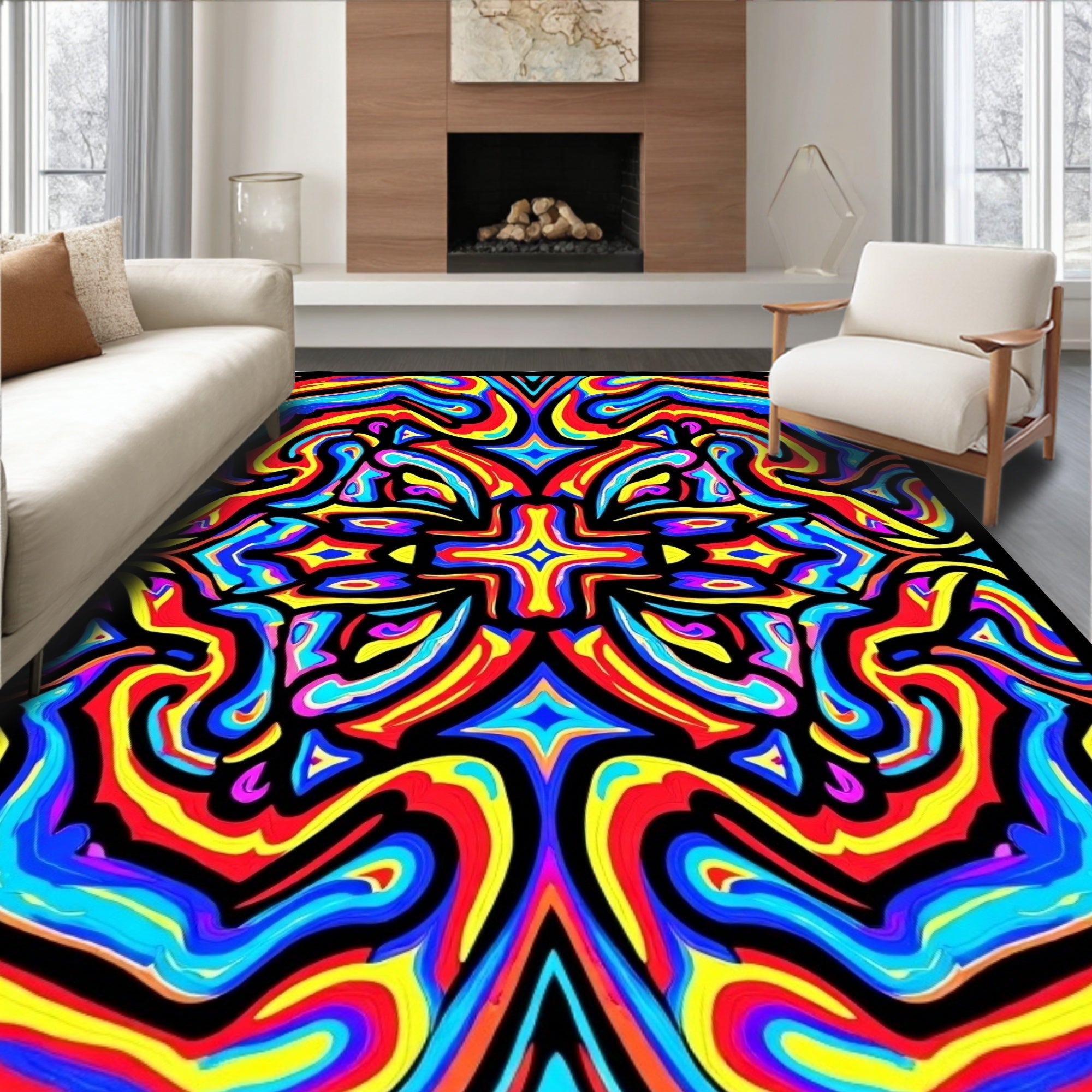Vibrant Psychedelic Swirl Colorburst Rug