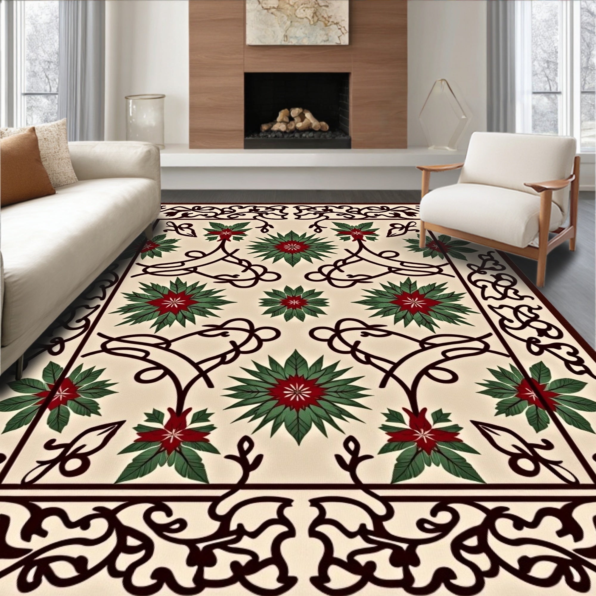 Crimson Green Floral Scrollwork Rug