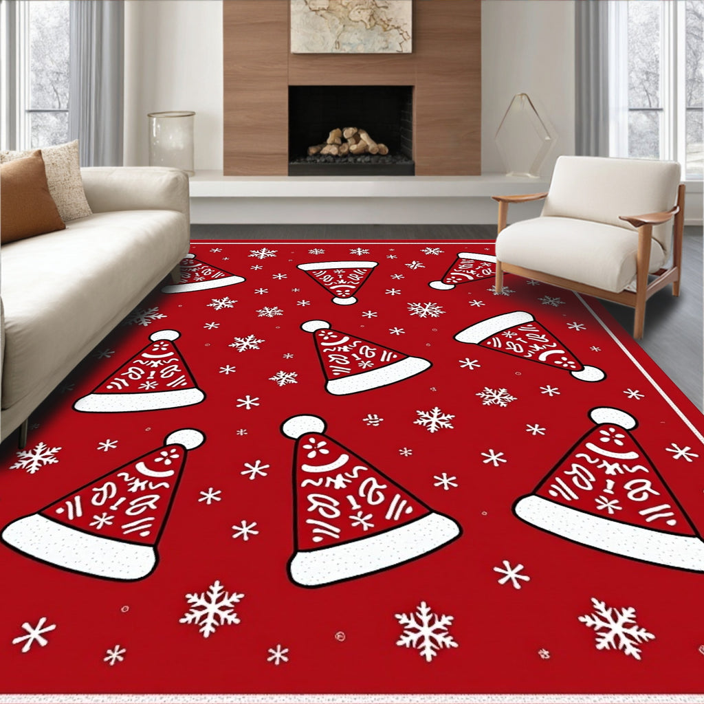 Red Santa Hats Snowflakes Repeating Pattern Rug