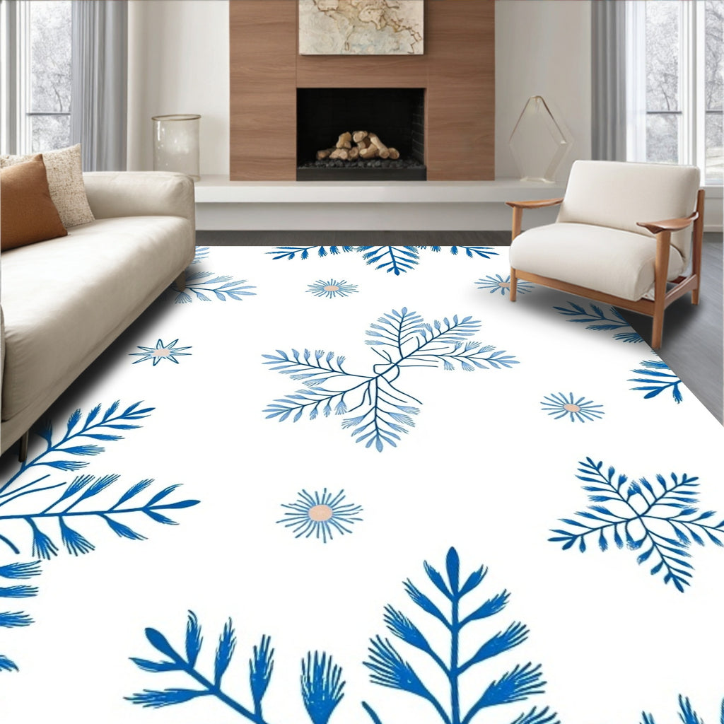 Delicate Blue Botanical Snowflakes Rug