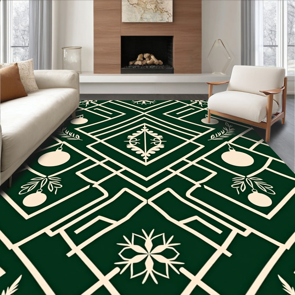 Emerald Cream Geometric Holiday Ornaments Rug
