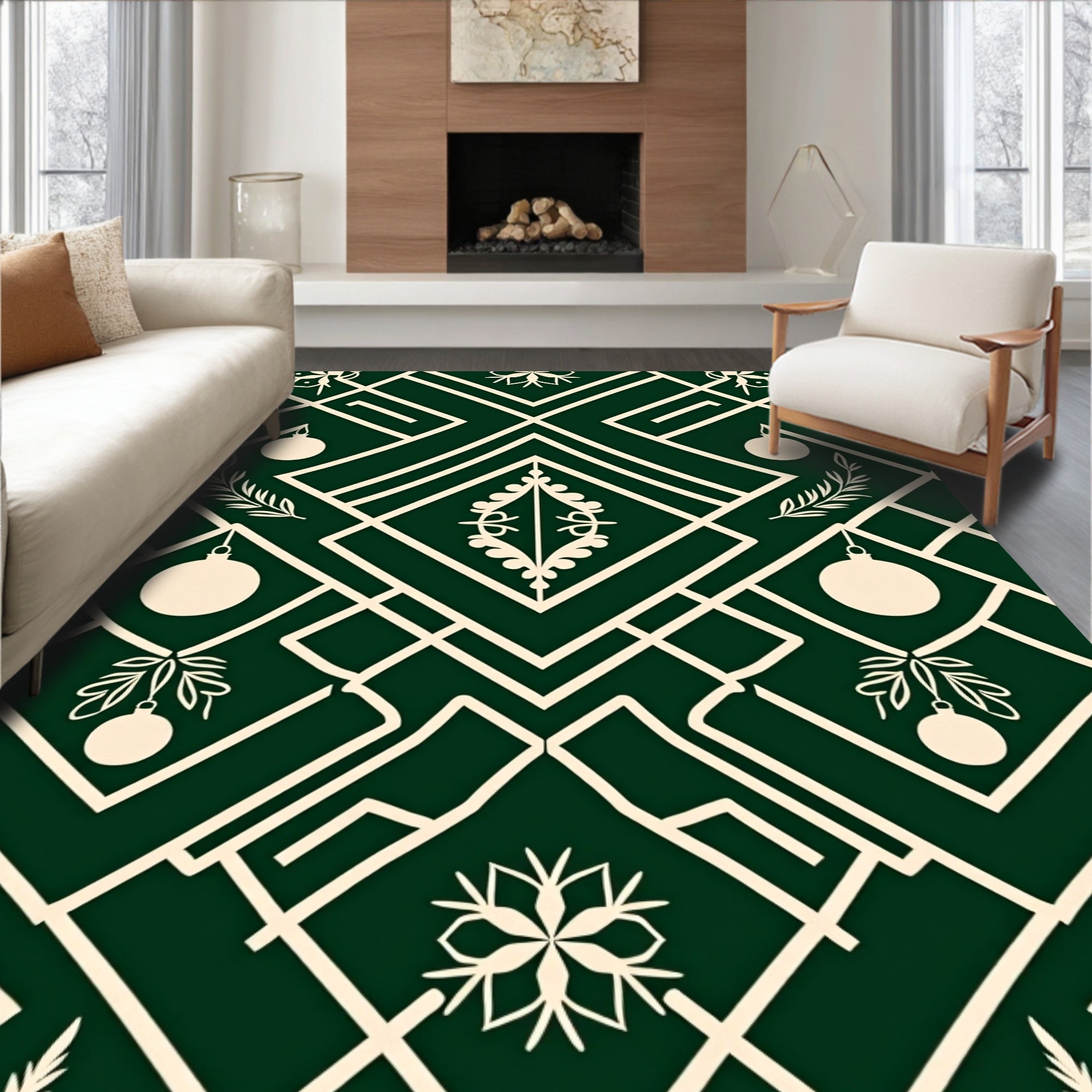 Emerald Cream Geometric Holiday Ornaments Rug