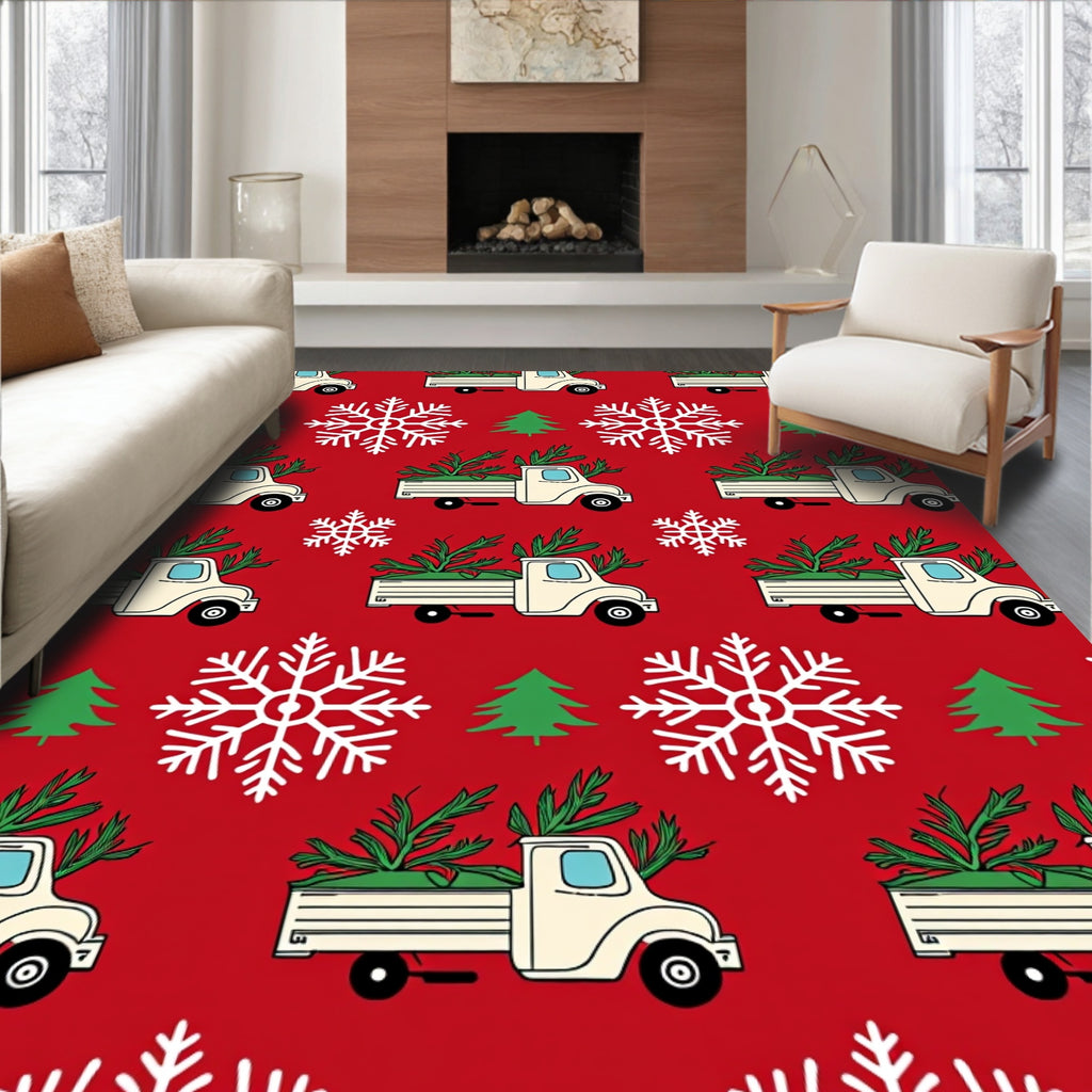 Festive Red Truck Snow Tree Rug