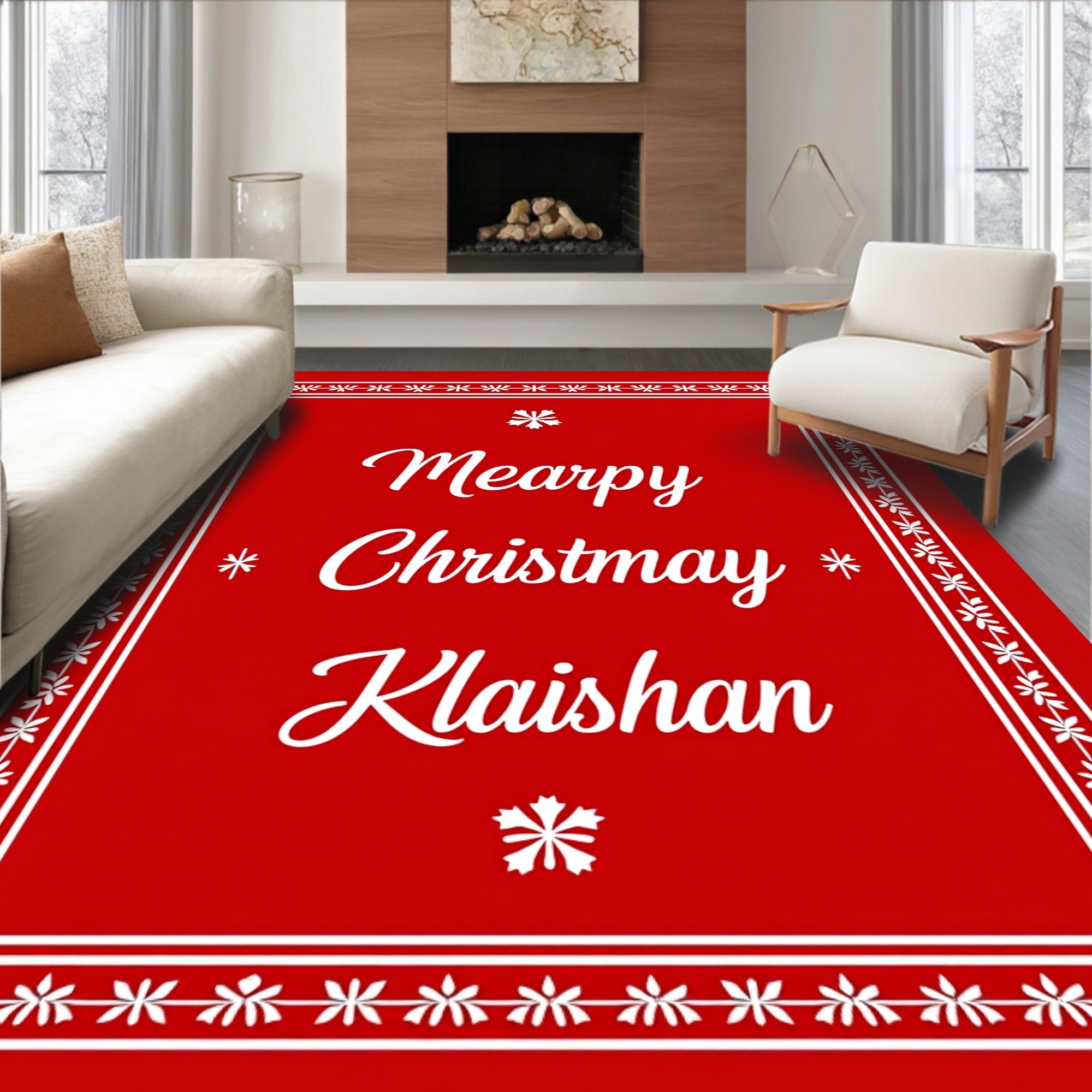 Red Snowflake Border Christmas Rug