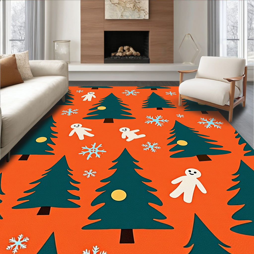 Festive Christmas Trees Gingerbread Snowflakes Rug