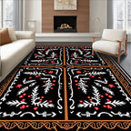 Black Red White Floral Border Rug