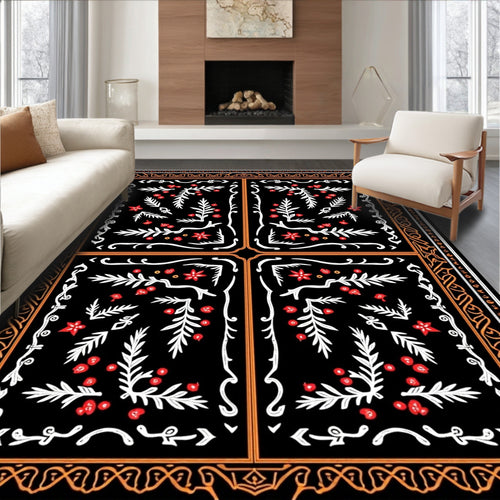 Black Red White Floral Border Rug