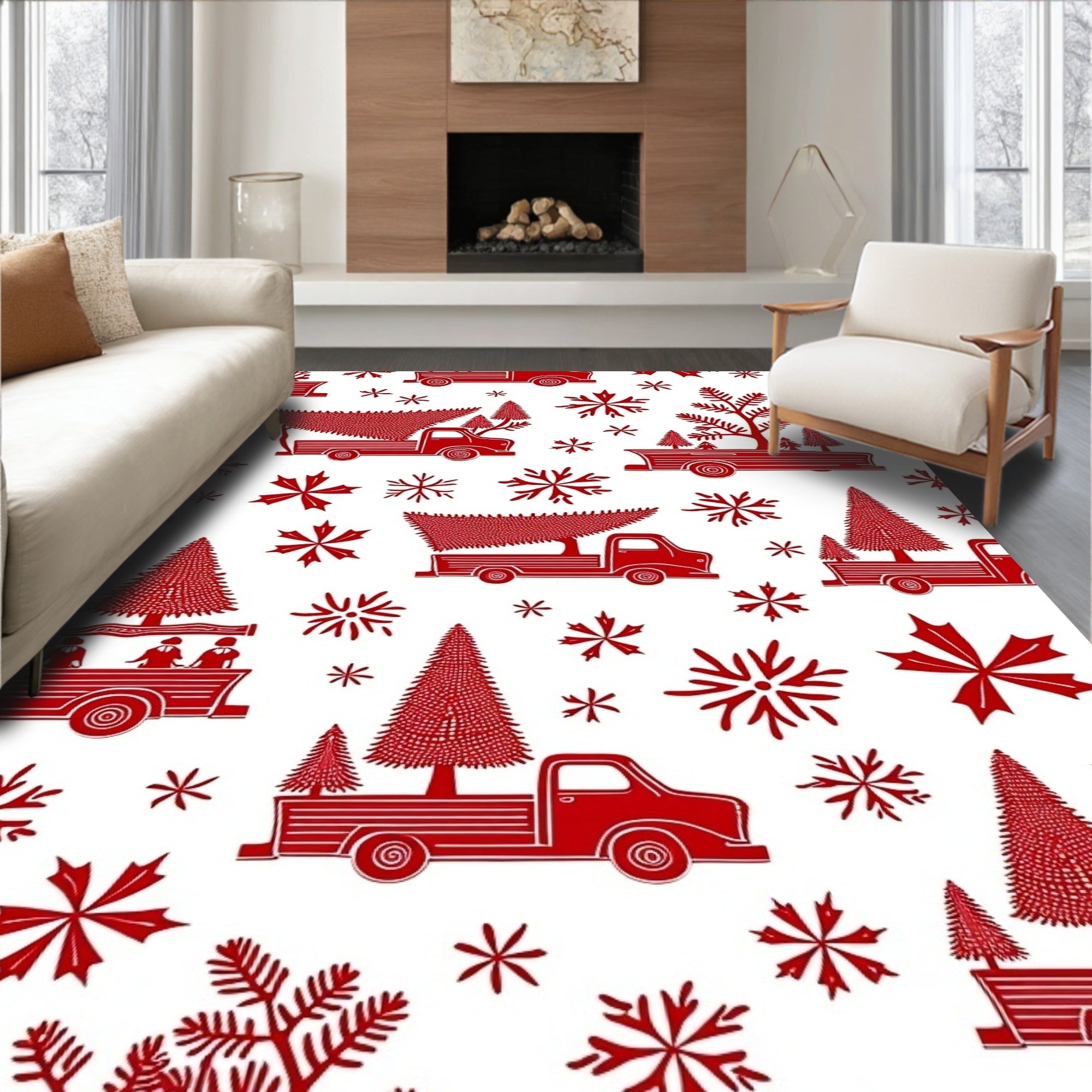 Red Trucks Christmas Trees Snowflakes Rug