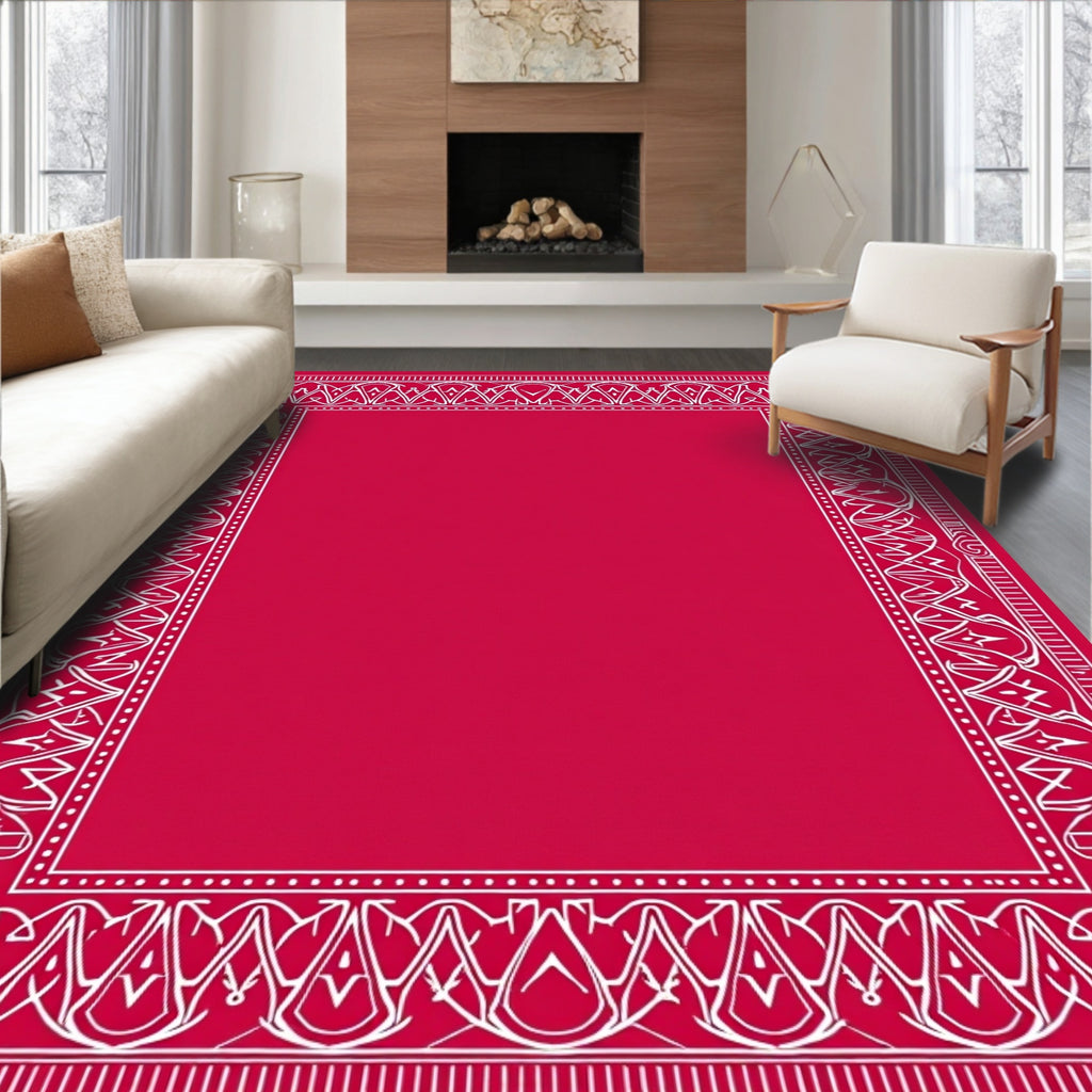 Vibrant Crimson White Ornate Border Rug