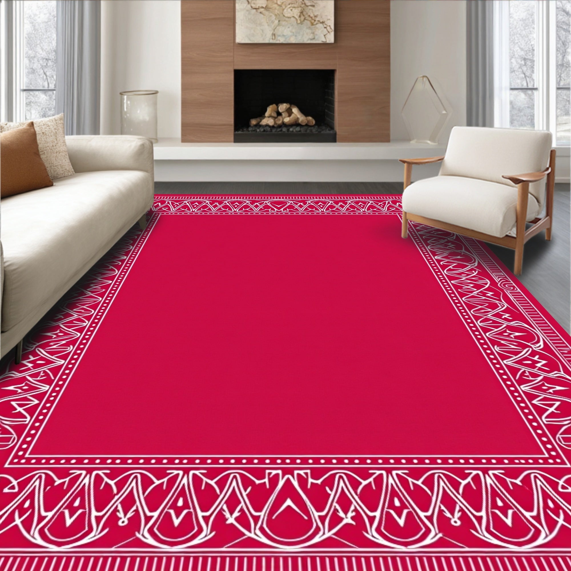 Vibrant Crimson White Ornate Border Rug