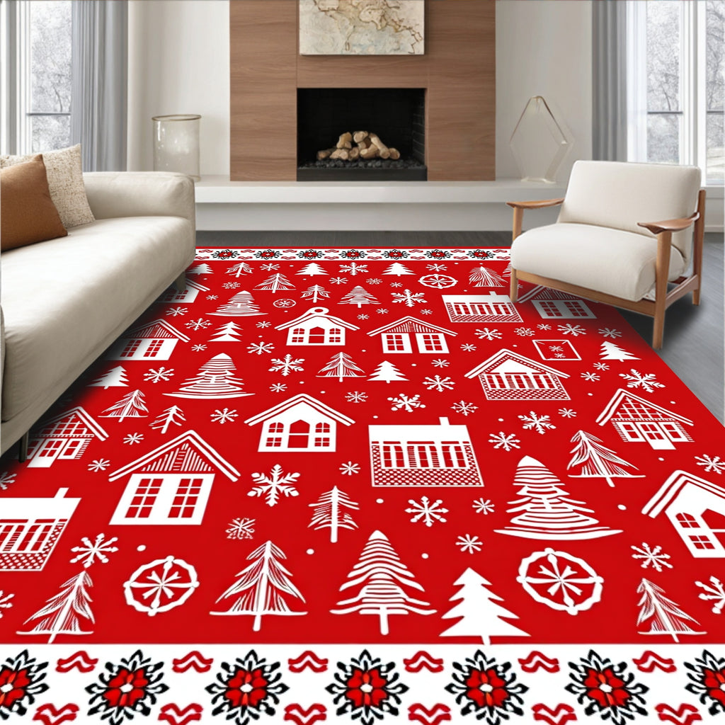 White Houses And Pine Trees Red Rug