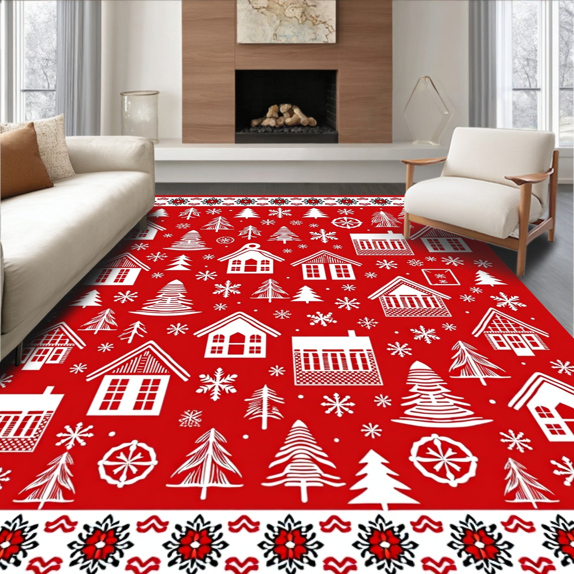 White Houses And Pine Trees Red Rug