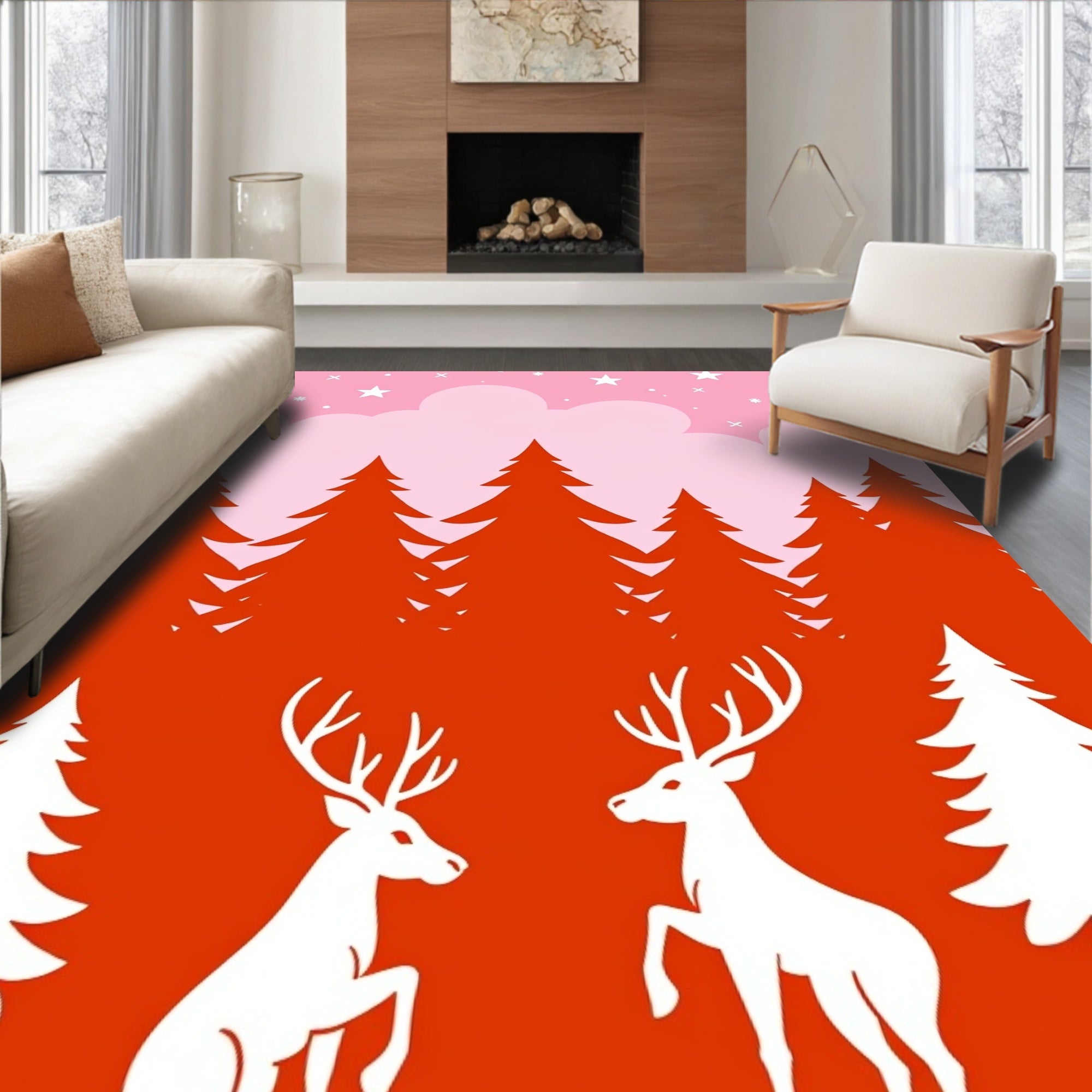 Whimsical Red Deer Snowy Forest Night Rug