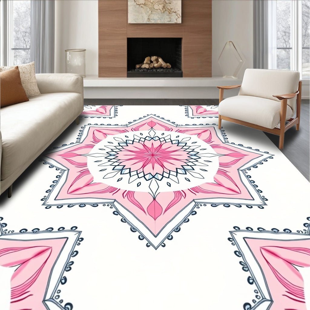 Pink Floral Starburst Mandala Rug