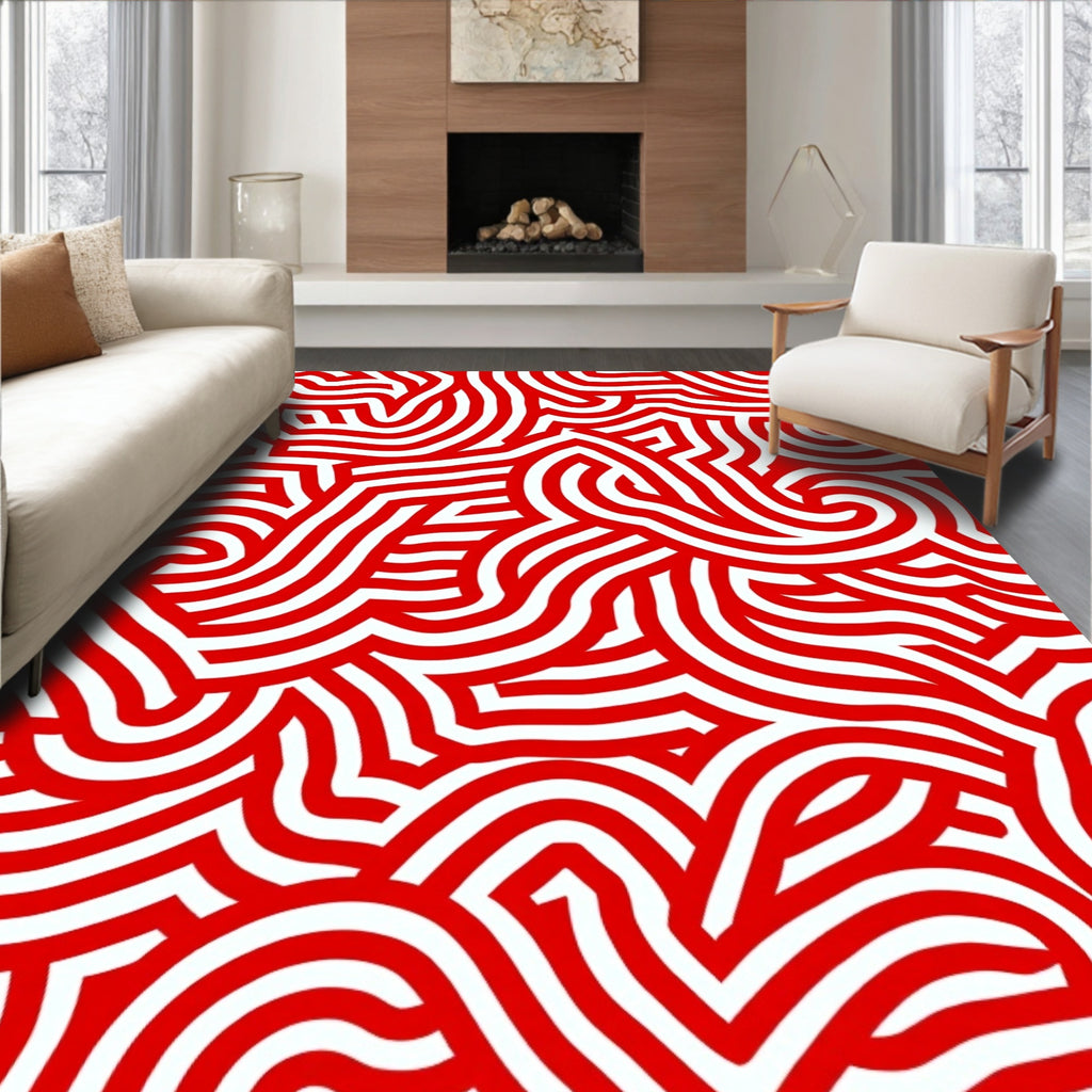 Bold Red Abstract Swirl Ribbons Rug