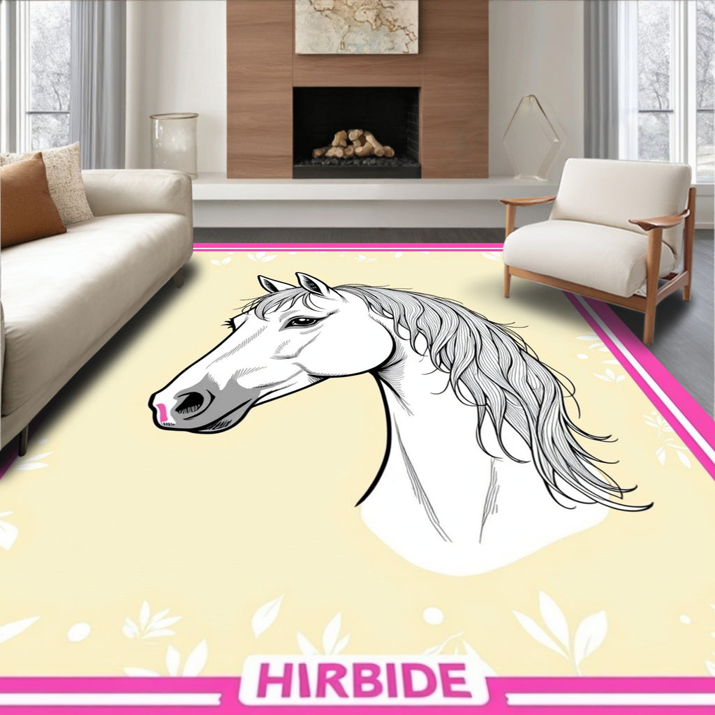 Elegant White Horse Botanical Frame Rug