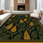 Dark Green Golden Leaf Branch Art Rug