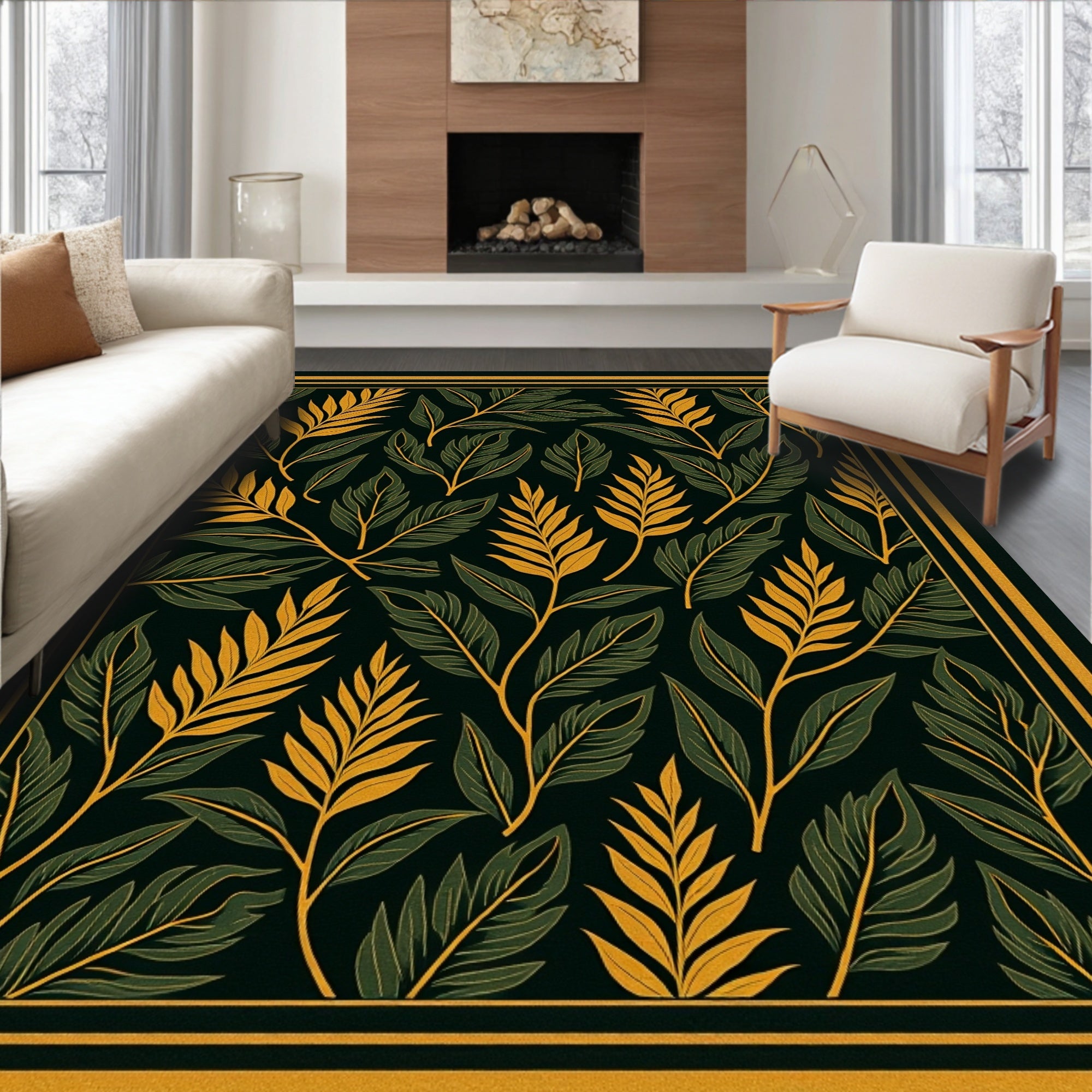 Dark Green Golden Leaf Branch Art Rug