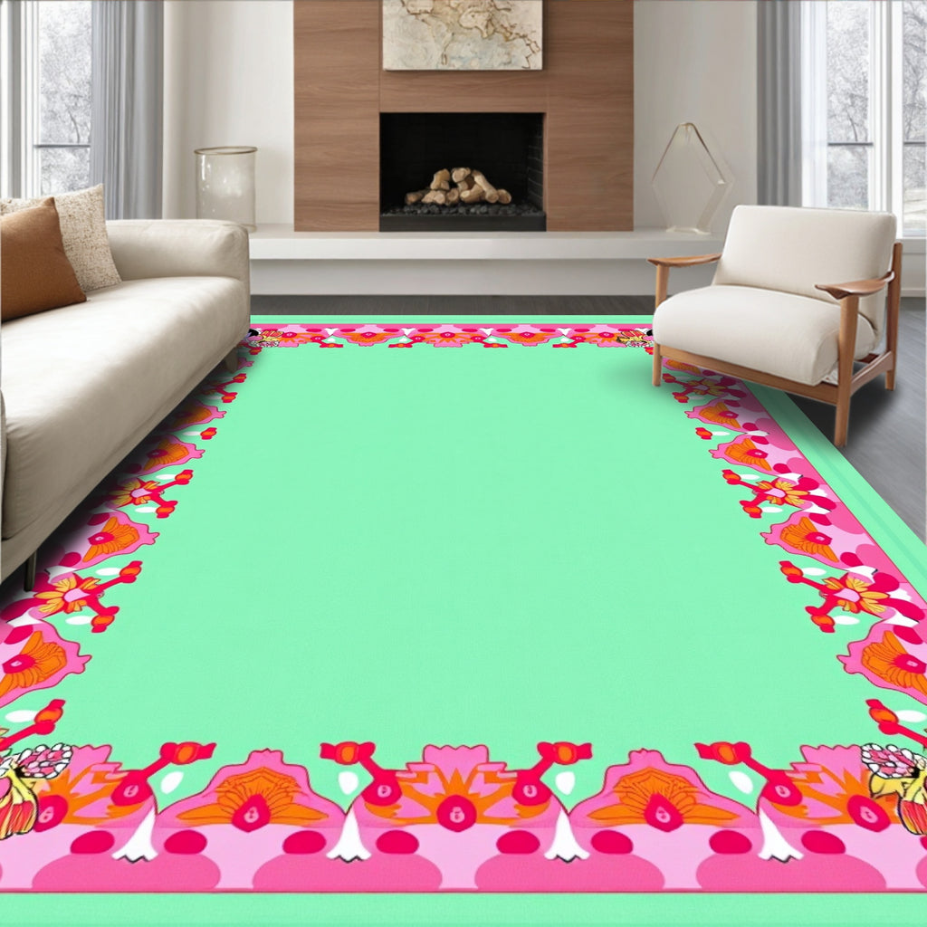 Vibrant Pink Mint Floral Border Rug