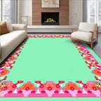 Vibrant Pink Mint Floral Border Rug
