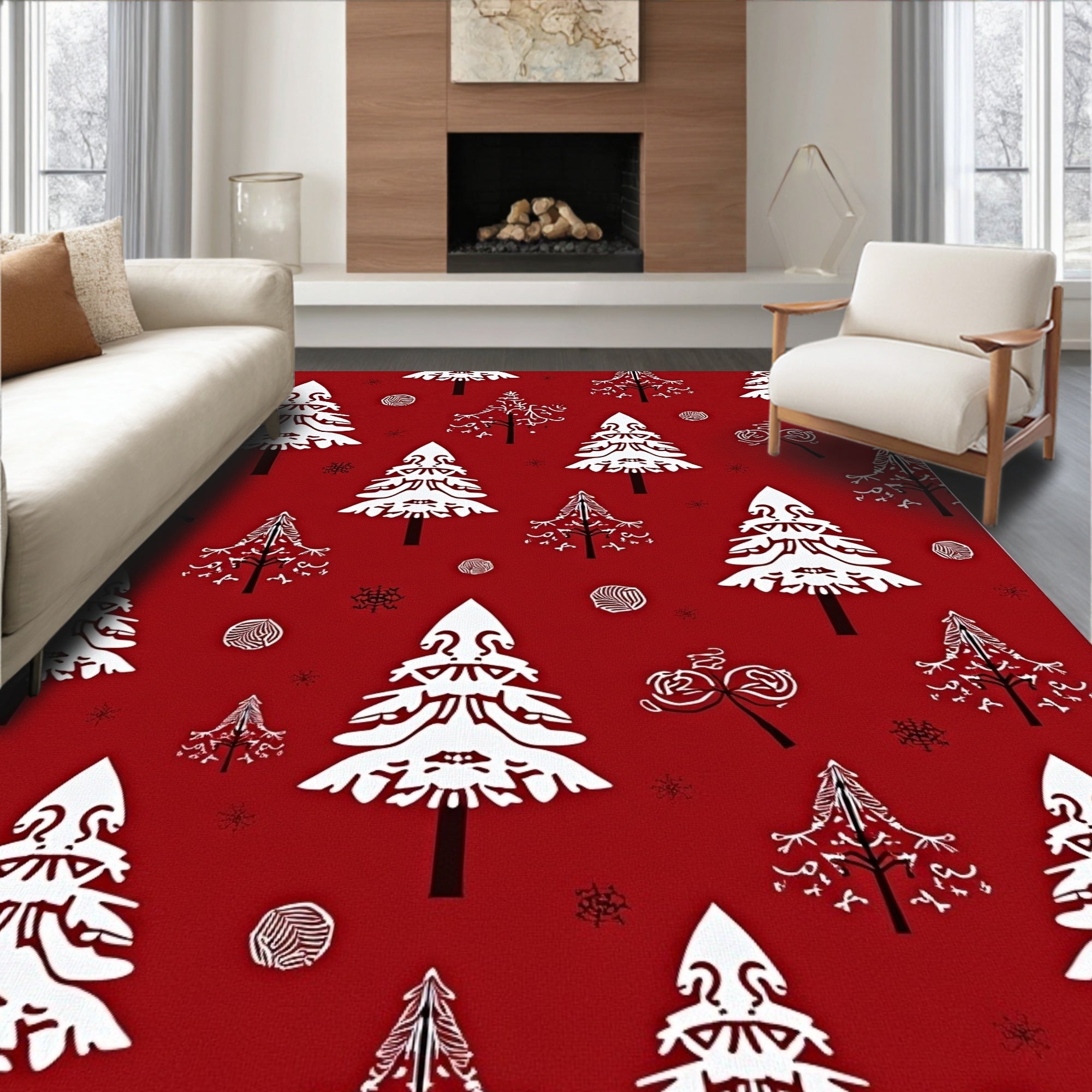 Red White Festive Christmas Trees Rug