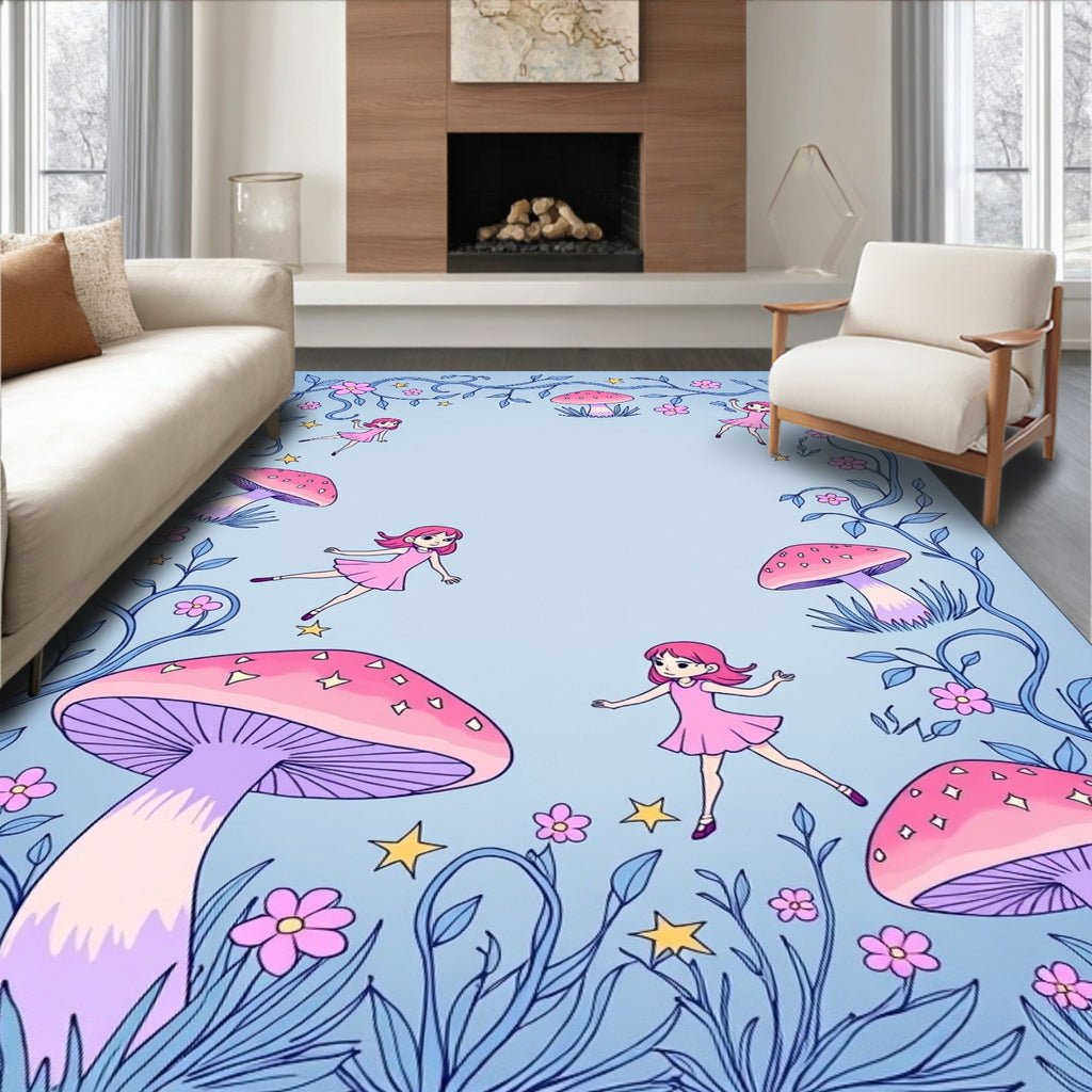 Whimsical Pink Mushroom Fairies Garden Rug